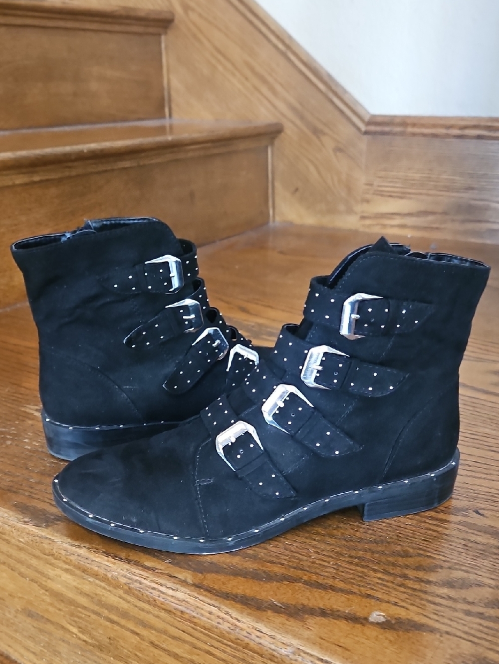 Bar III Margo Black Suede Almond Toe Buckle Studded Ankle Boots